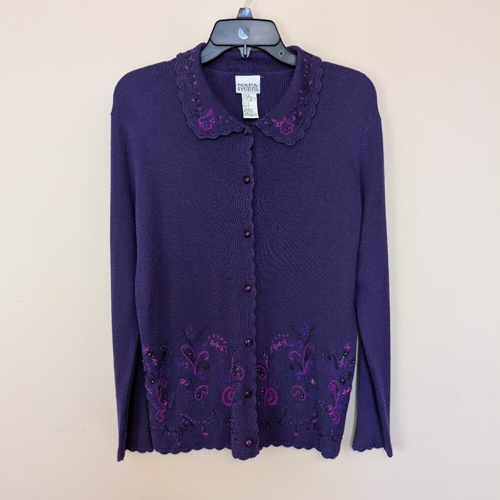 Napa Studio purple cardigan sweater floral embroidery Small EUC cottagecore